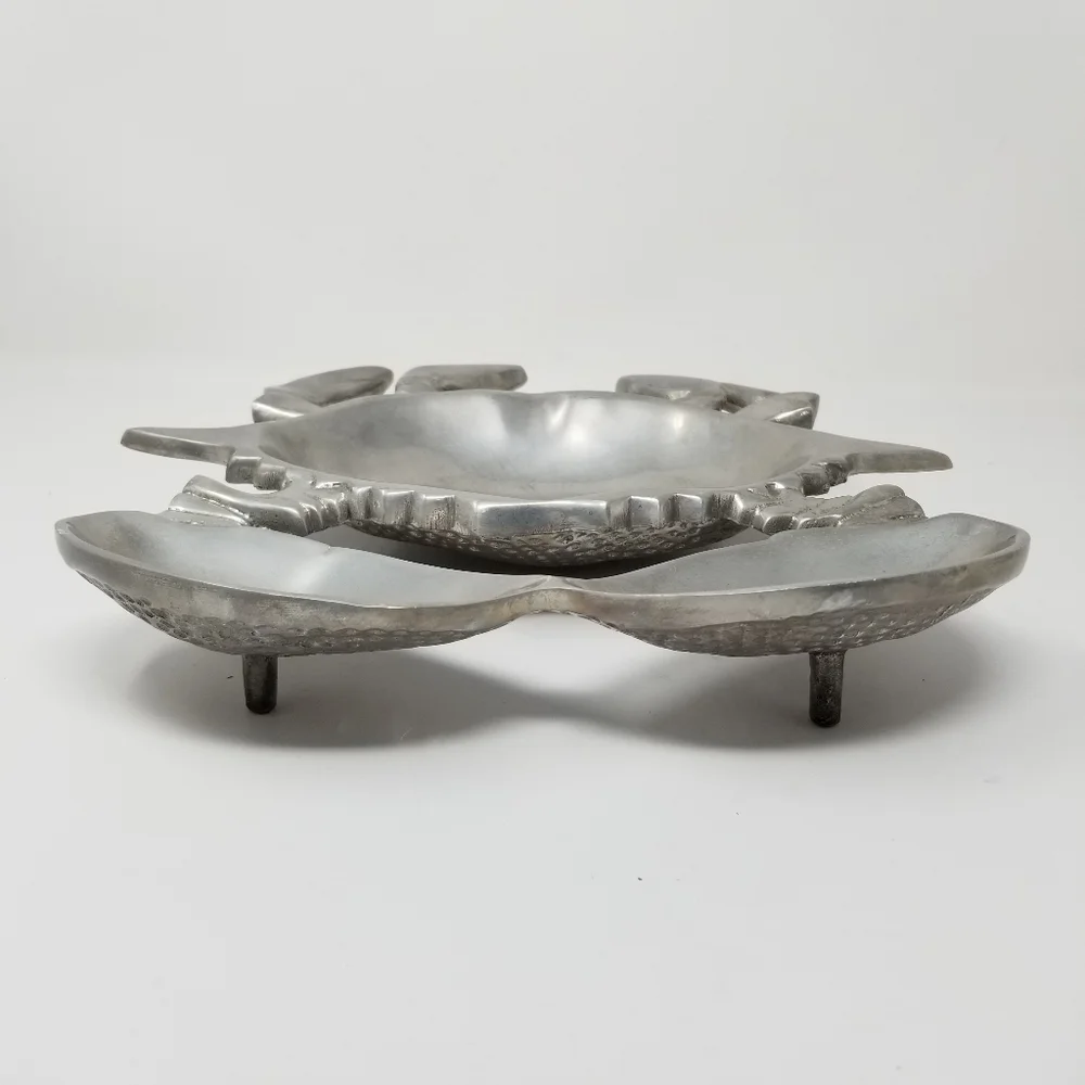 Crab Shape Serving Dish Chip and Dip Set Divided Seafood Party Plate Silver Tray